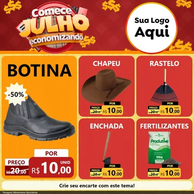 Modelo de Rede Social para Feed Facebook com o tema Comece Julho Economizando para Agropecuária