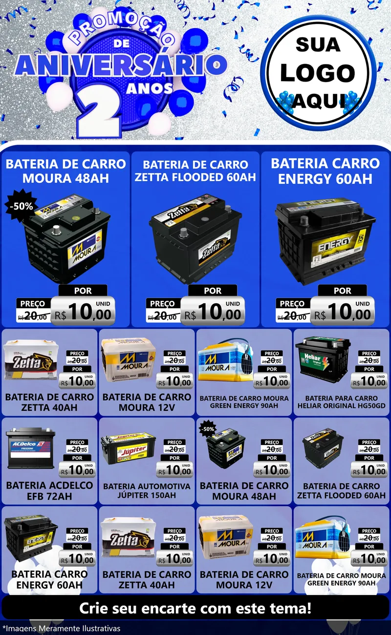 Modelo de Encarte para Encarte Grande com o tema Promoção de Aniversário - 2 Anos para Baterias Elétricas