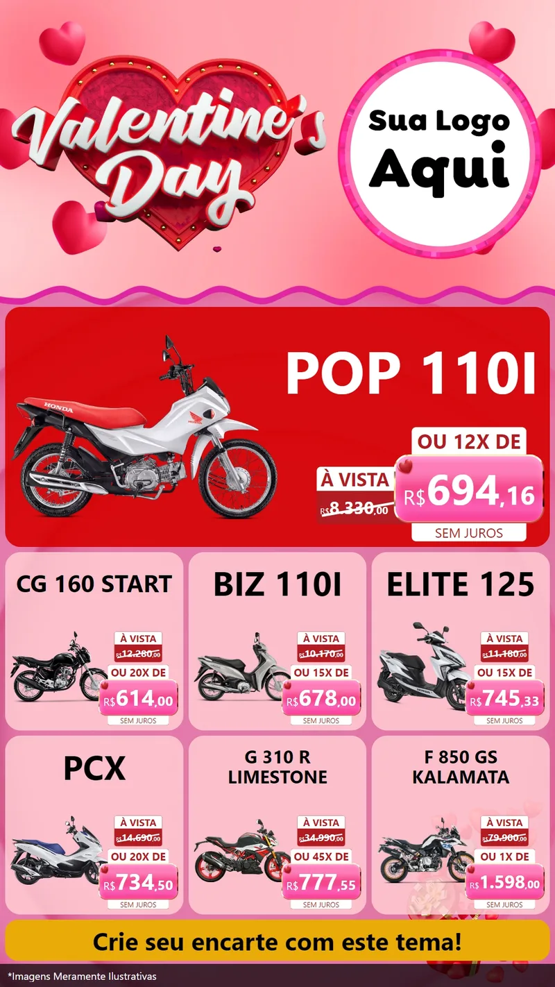 Modelo de Rede Social para Stories com o tema Valentine's Day para Concessionaria de Motos