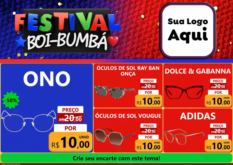 Modelo de Encarte para Encarte A4 Horizontal com o tema Festival Boi-Bumbá para Óticas