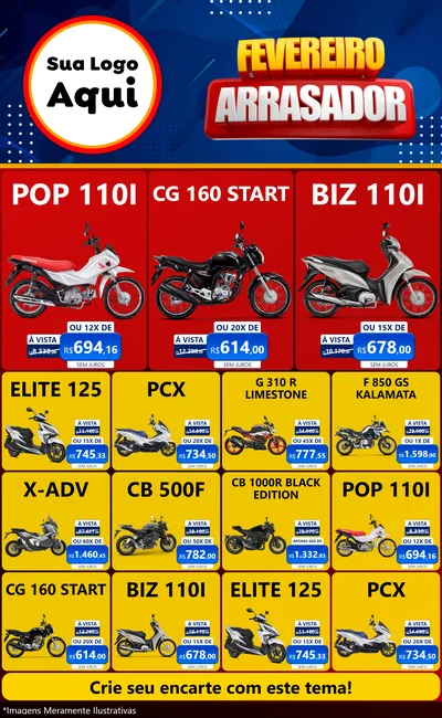 Modelo de Encarte para Encarte Grande com o tema Fevereiro Arrasador para Concessionaria de Motos