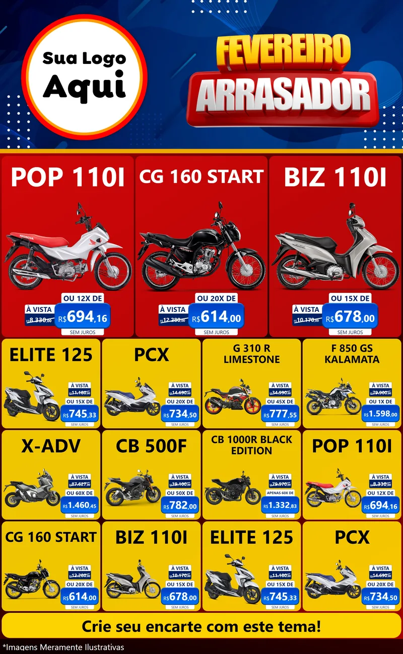 Modelo de Encarte para Encarte Grande com o tema Fevereiro Arrasador para Concessionaria de Motos