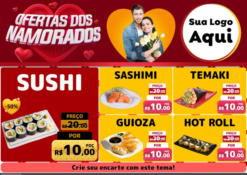 Modelo de Encarte para Encarte A4 Horizontal com o tema Ofertas Dos Namorados para Comida japonesa