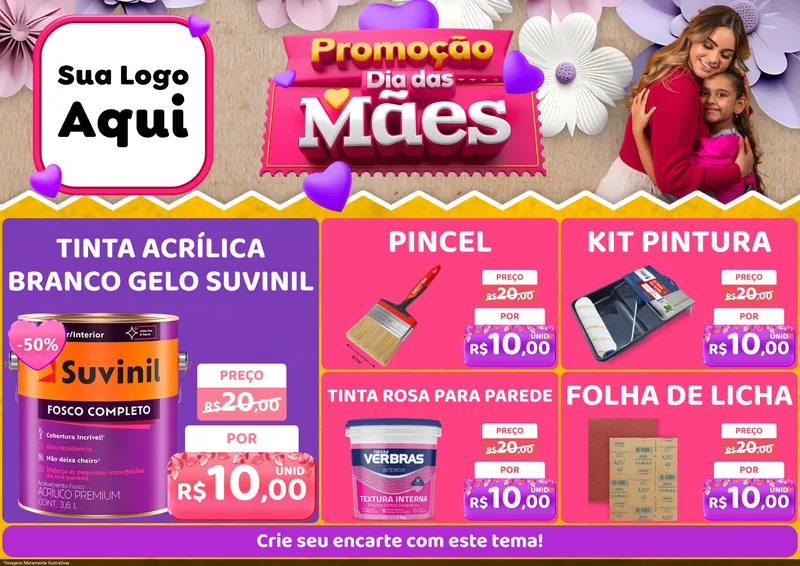 Modelo de Encarte para Encarte A4 Horizontal com o tema Promoção Dia das Mães para Tintas e Ferramentas
