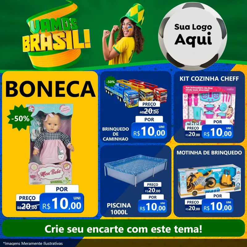 Modelo de Rede Social para Feed Facebook com o tema Vamos Brasil - Copa para Brinquedos