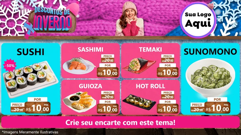 Modelo de TV para TV Horizontal com o tema Descontos de Inverno para Comida japonesa