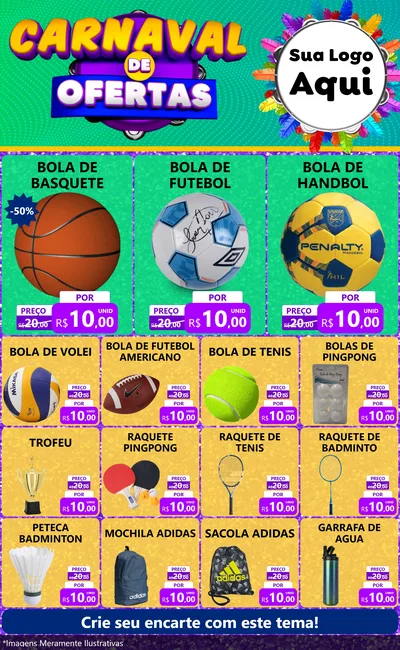Modelo de Encarte para Encarte Grande com o tema Carnaval de Ofertas para Artigos Esportivos