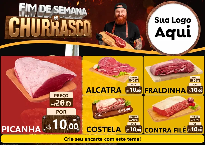 Modelo de Encarte para Encarte A4 Horizontal com o tema Fim de Semana do Churrasco para Açougue