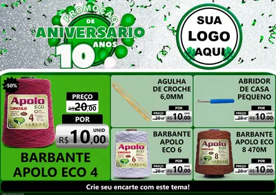 Modelo de Encarte para Encarte A4 Horizontal com o tema Promoção de Aniversário - 10 Anos para Armarinho e Aviamentos