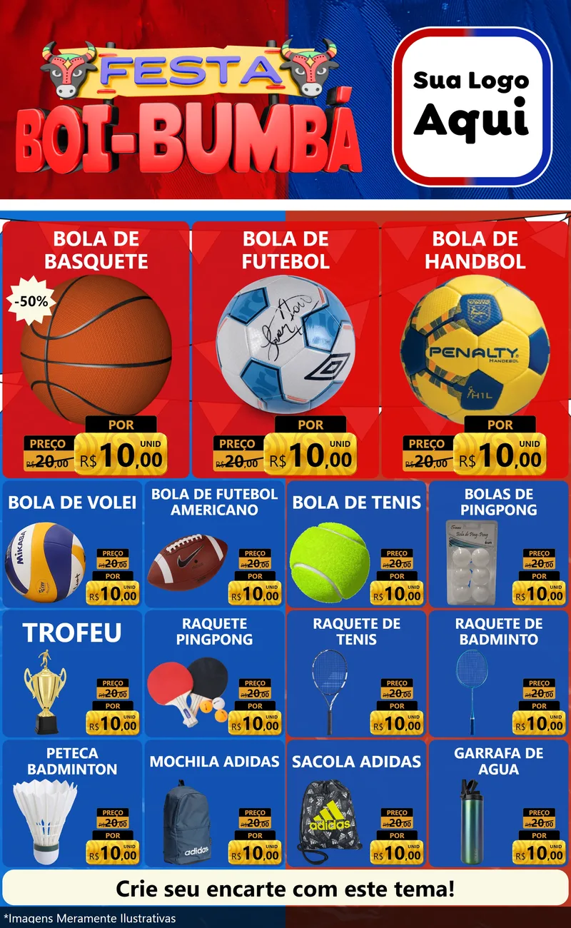 Modelo de Encarte para Encarte Grande com o tema Festa Boi Bumbá para Artigos Esportivos