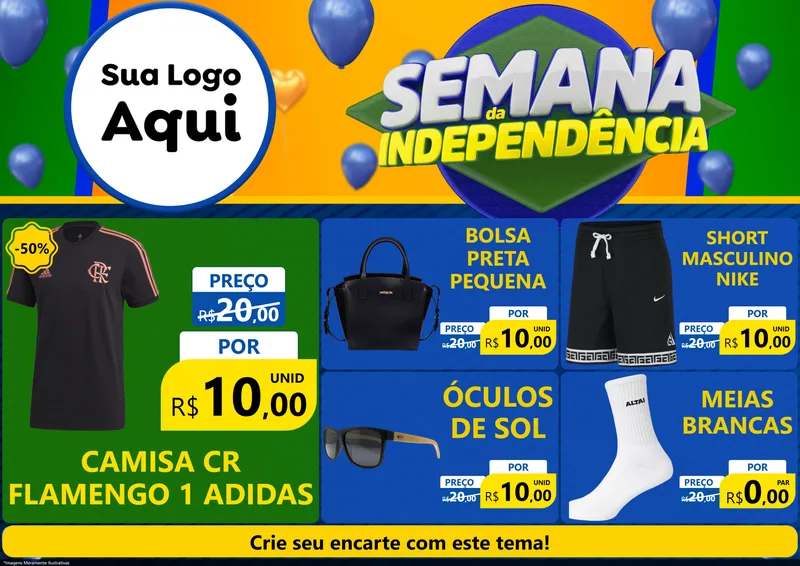 Modelo de Encarte para Encarte A4 Horizontal com o tema Semana da Independência para Roupas e acessórios