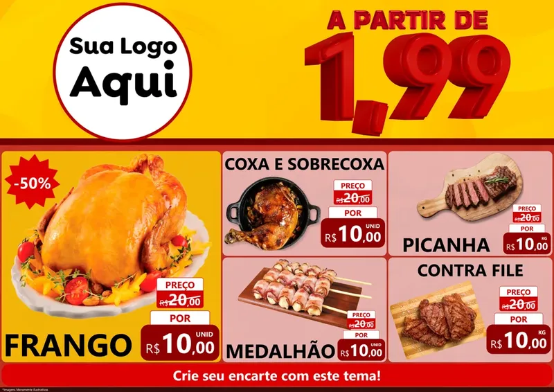 Modelo de Encarte para Encarte A4 Horizontal com o tema A Partir de Um e Noventa e Nove - 1,99 para Assados