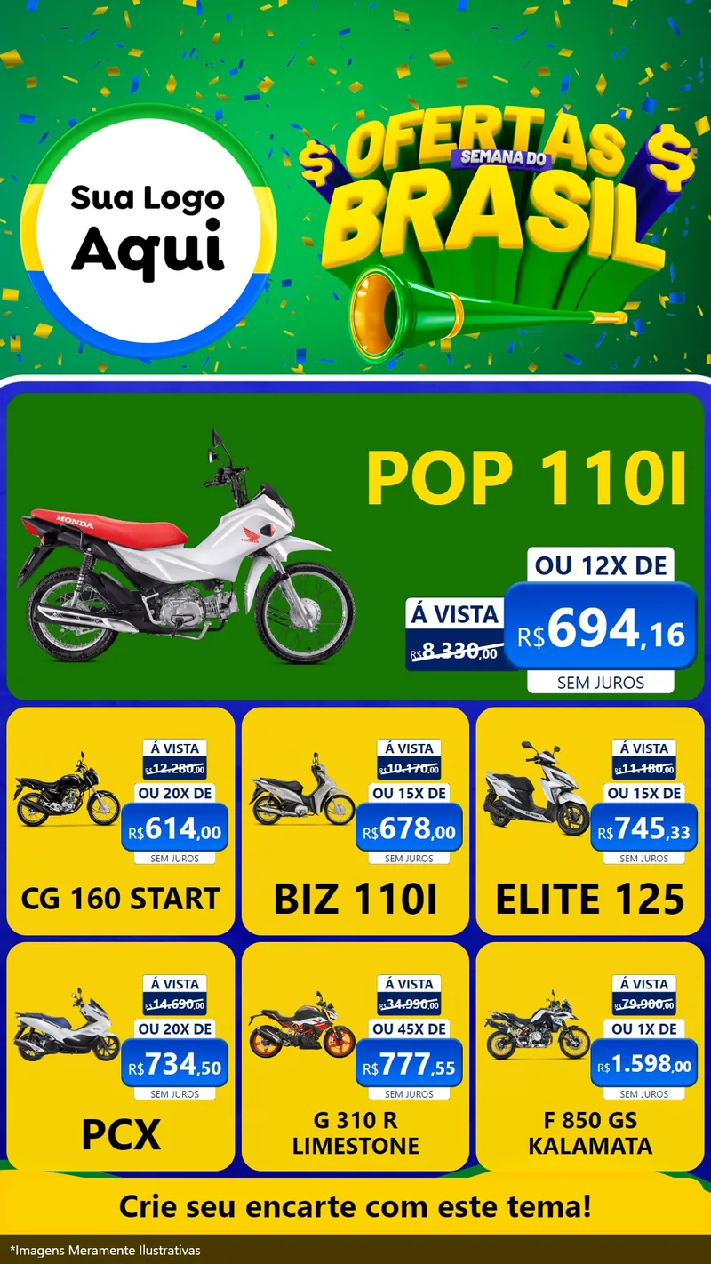 Modelo de Rede Social para Stories com o tema Ofertas Semana do Brasil para Concessionaria de Motos