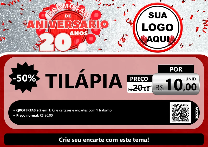 Modelo de Cartaz para Cartaz A4 Horizontal com o tema Promoção de Aniversário - 20 Anos para Peixaria