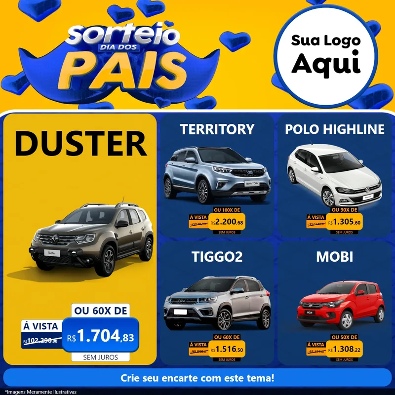 Modelo de Rede Social para Feed Facebook com o tema Sorteio Dia dos Pais para Concessionaria de Carros