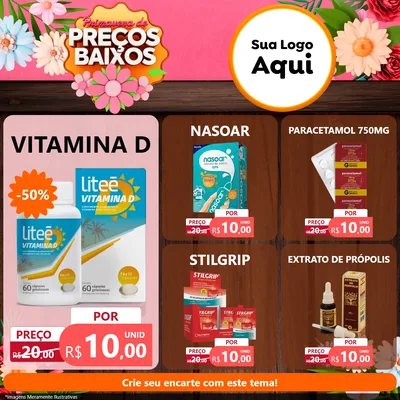 Modelo de Rede Social para Feed Facebook com o tema Primavera de Preços Baixos para Farmácia