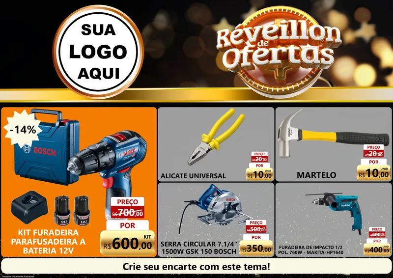 Modelo de Encarte para Encarte A4 Horizontal com o tema Réveillon de Ofertas para Maquinas e Ferramentas