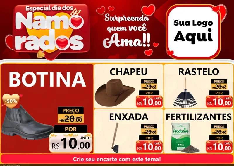 Modelo de Encarte para Encarte A4 Horizontal com o tema Especial Dia dos Namorados para Agropecuária