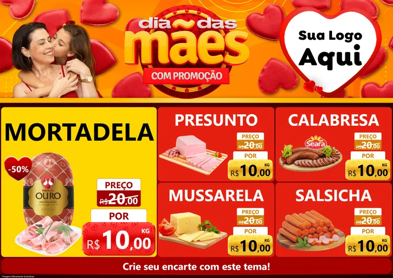 Modelo de Encarte para Encarte A4 Horizontal com o tema Dia das Mães com Promoção para Frios e Laticínios