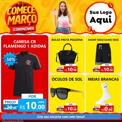 Modelo de Rede Social para Feed Facebook com o tema Comece Março Economizando para Roupas e acessórios