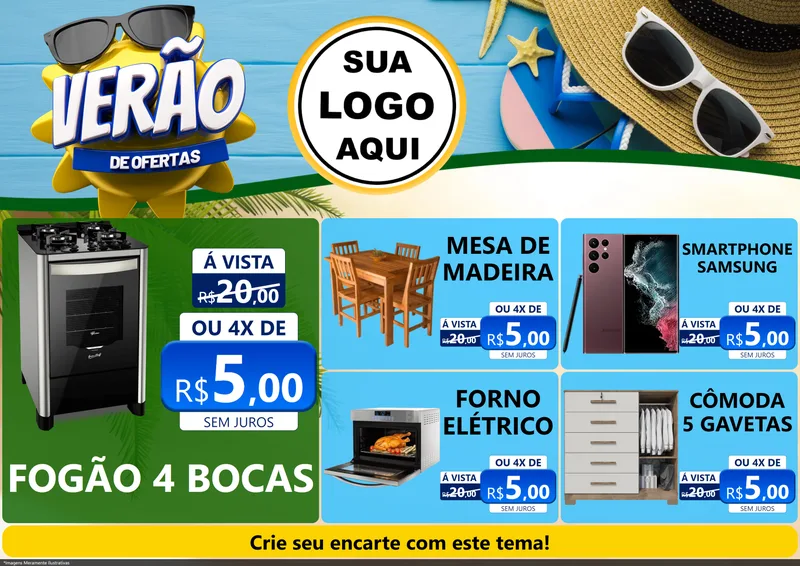 Modelo de Encarte para Encarte A4 Horizontal com o tema Verão de Ofertas para Móveis e Eletro