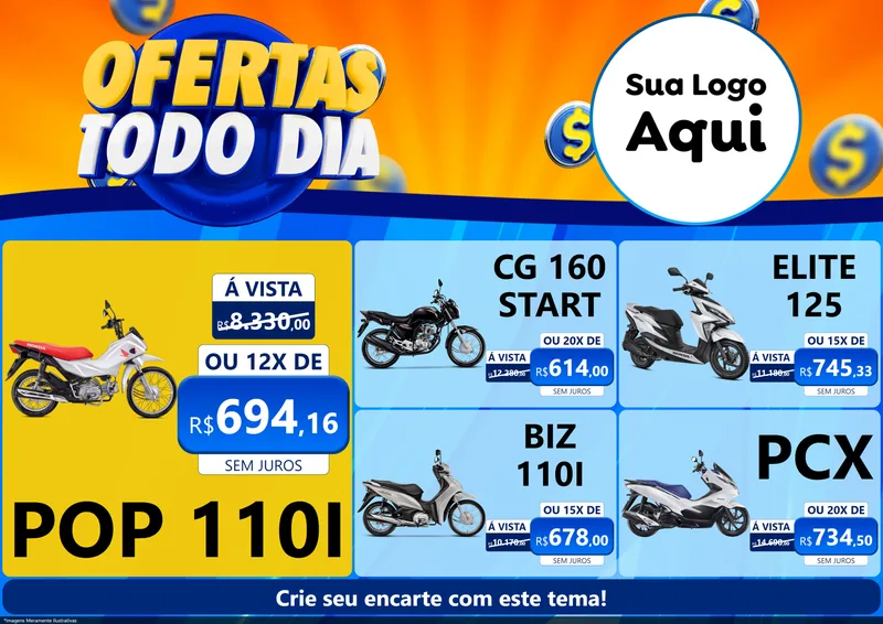 Modelo de Encarte para Encarte A4 Horizontal com o tema Ofertas Todo Dia para Concessionaria de Motos