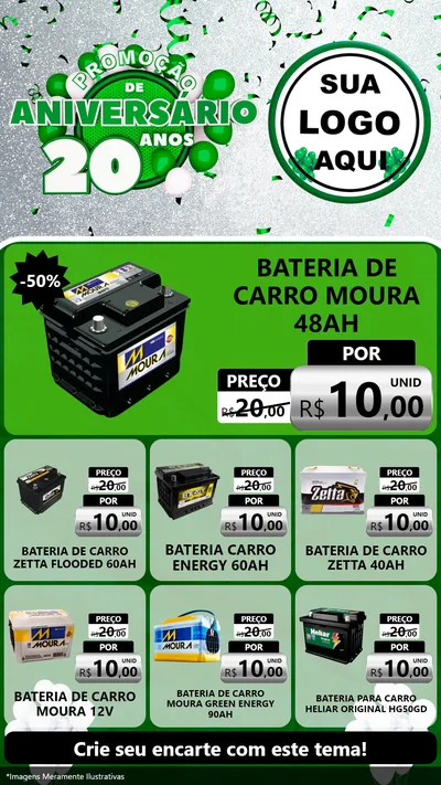 Modelo de Rede Social para Stories com o tema Promoção de Aniversário - 20 Anos para Baterias Elétricas