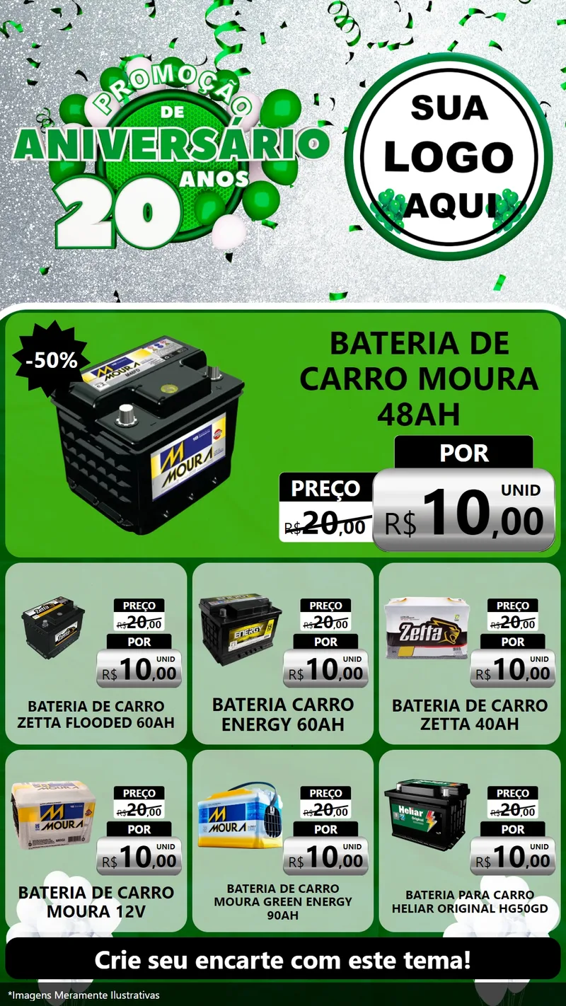 Modelo de Rede Social para Stories com o tema Promoção de Aniversário - 20 Anos para Baterias Elétricas