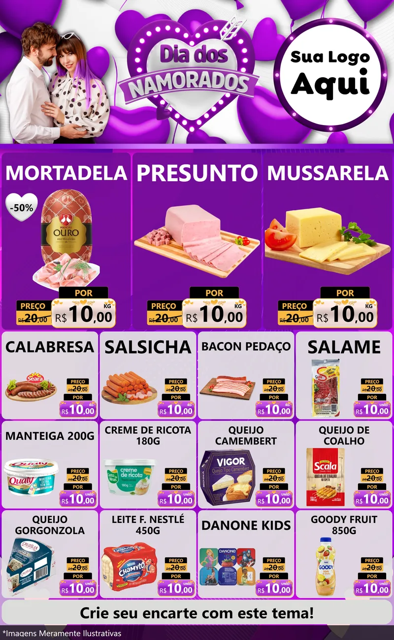 Modelo de Encarte para Encarte Grande com o tema Dia dos Namorados para Frios e Laticínios