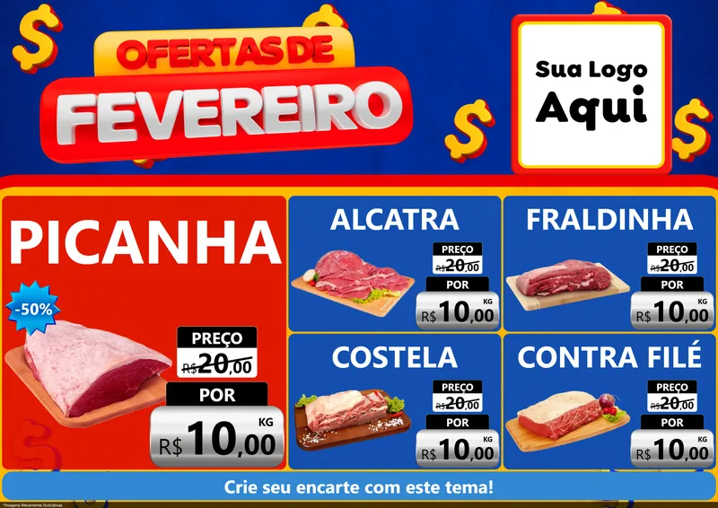Modelo de Encarte para Encarte A4 Horizontal com o tema Ofertas de Fevereiro para Açougue