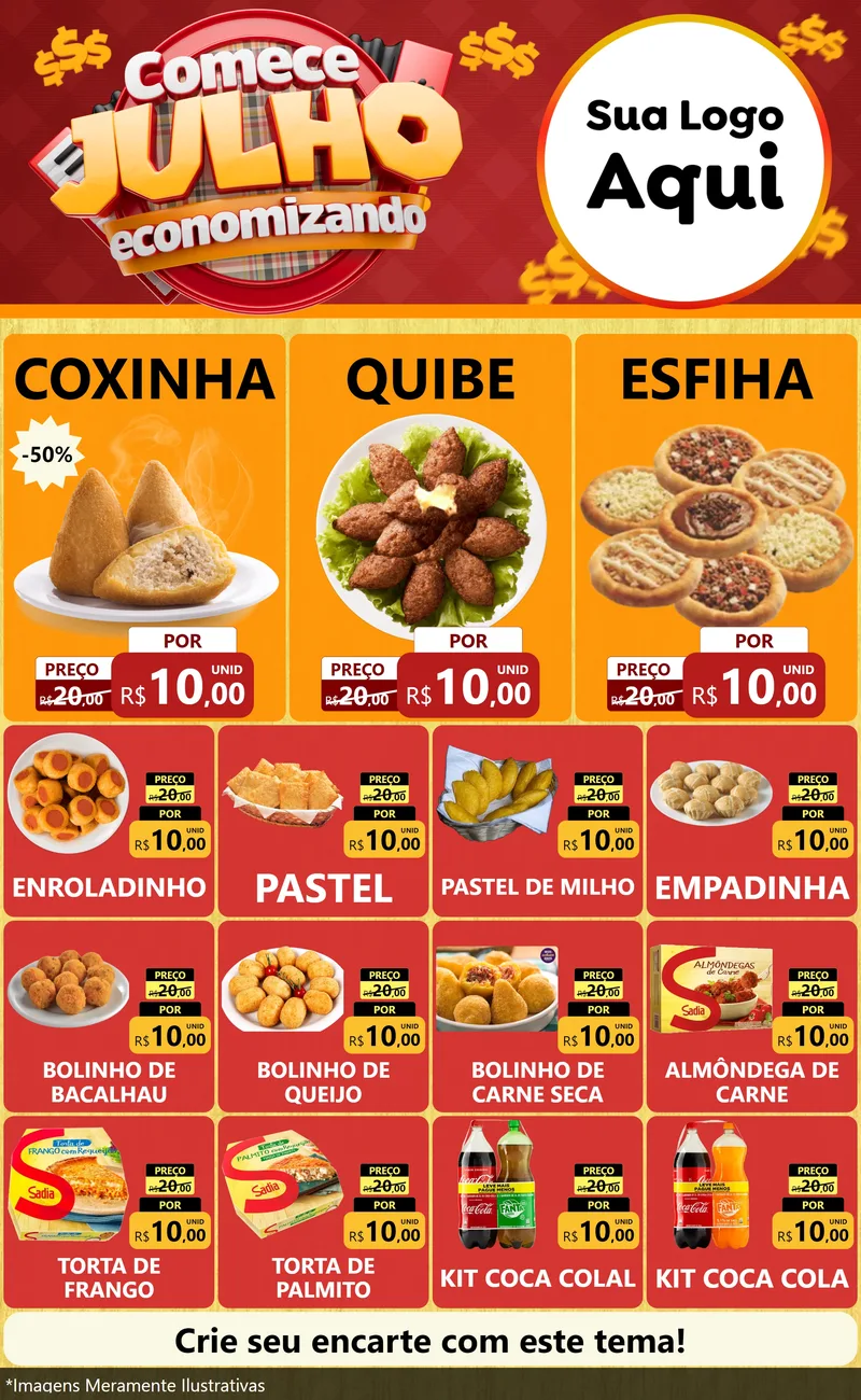 Modelo de Encarte para Encarte Grande com o tema Comece Julho Economizando para Salgadaria