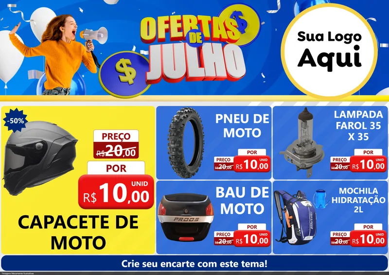 Modelo de Encarte para Encarte A4 Horizontal com o tema Ofertas de Julho para Moto peças