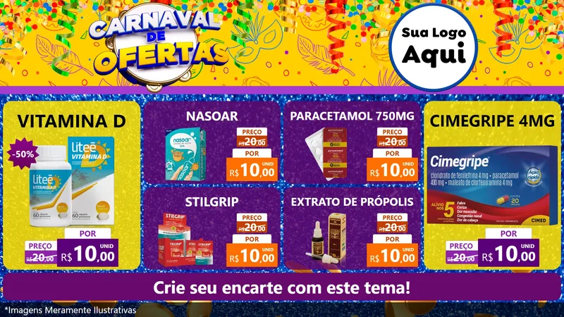 Modelo de TV para TV Horizontal com o tema Carnaval de Ofertas para Farmácia