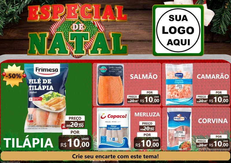 Modelo de Encarte para Encarte A4 Horizontal com o tema Especial de Natal para Peixaria