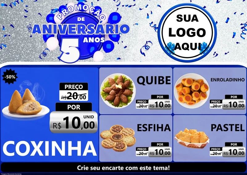 Modelo de Encarte para Encarte A4 Horizontal com o tema Promoção de Aniversário - 5 Anos para Salgadaria
