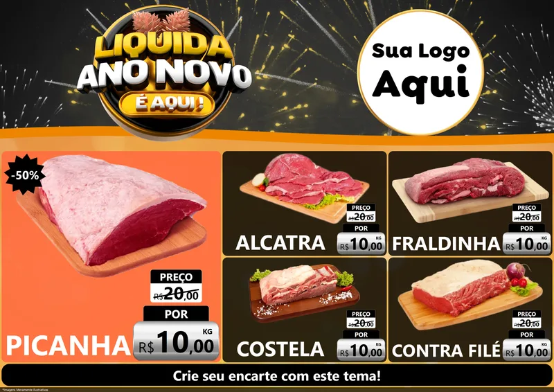Modelo de Encarte para Encarte A4 Horizontal com o tema Liquida Ano Novo É Aqui! para Açougue