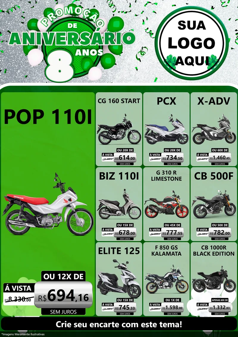 Modelo de Encarte para Encarte A4 Vertical com o tema Promoção de Aniversário - 8 Anos para Concessionaria de Motos