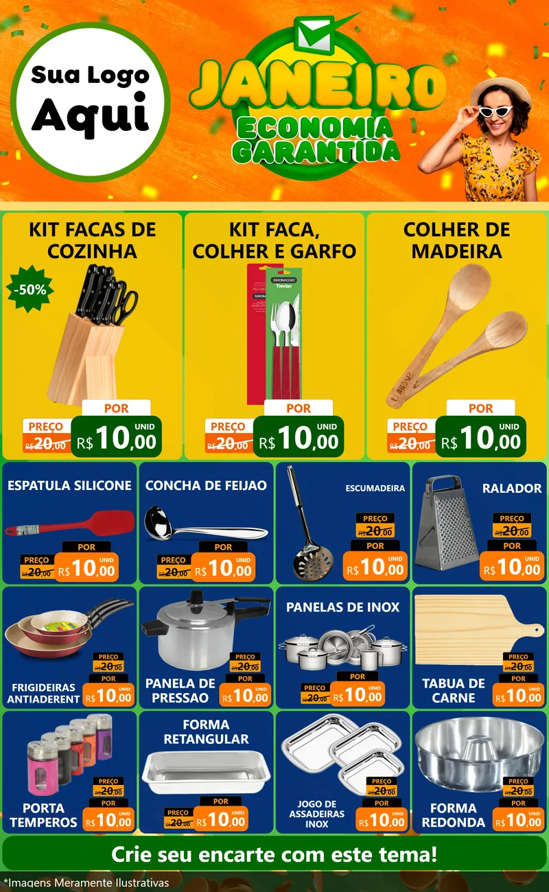 Modelo de Encarte para Encarte Grande com o tema Janeiro - Economia Garantida para Utilidades Domésticas