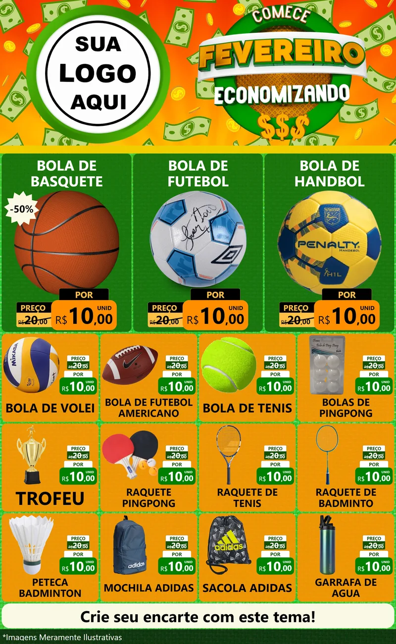 Modelo de Encarte para Encarte Grande com o tema Comece Fevereiro Economizando para Artigos Esportivos