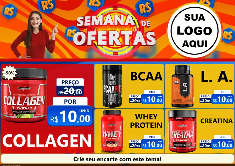 Modelo de Encarte para Encarte A4 Horizontal com o tema Semana de Ofertas para Suplementos alimentares