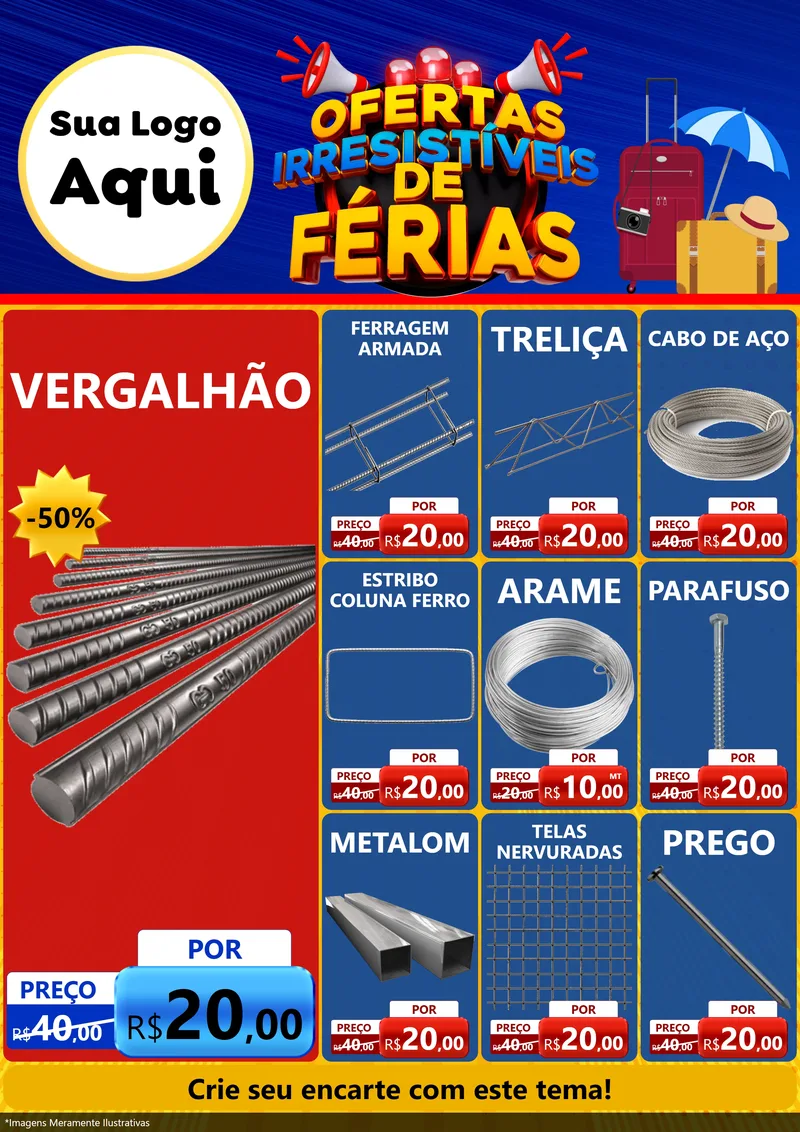 Modelo de Encarte para Encarte A4 Vertical com o tema Ofertas Irresistíveis de Férias para Ferragens