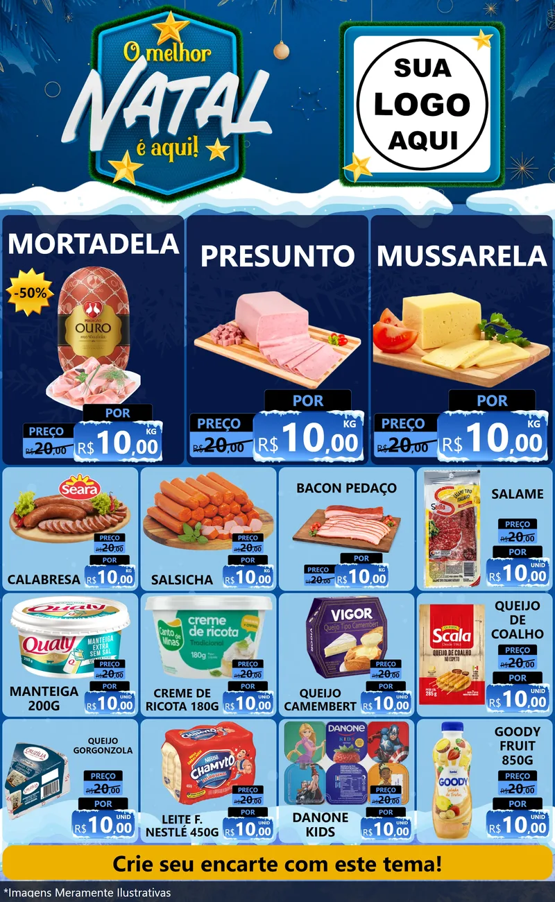 Modelo de Encarte para Encarte Grande com o tema O Melhor Natal É Aqui! para Frios e Laticínios