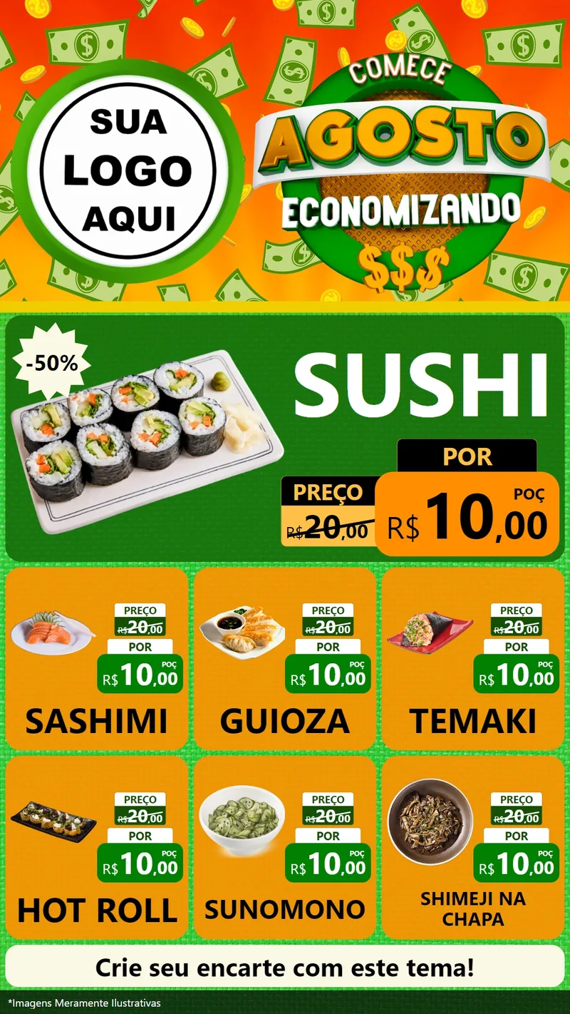Modelo de Rede Social para Stories com o tema Comece Agosto Economizando para Comida japonesa