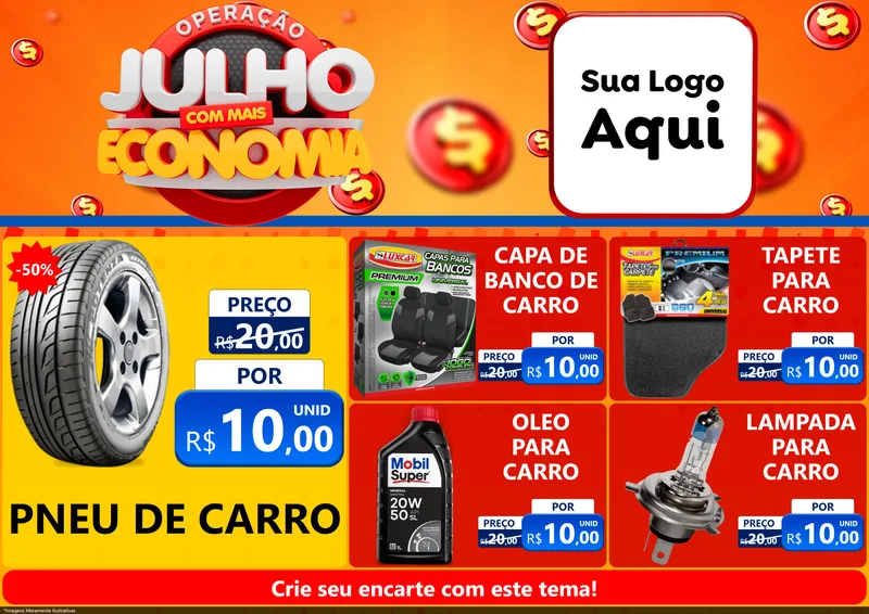 Modelo de Encarte para Encarte A4 Horizontal com o tema Operação Julho Com Mais Economia para Auto peças