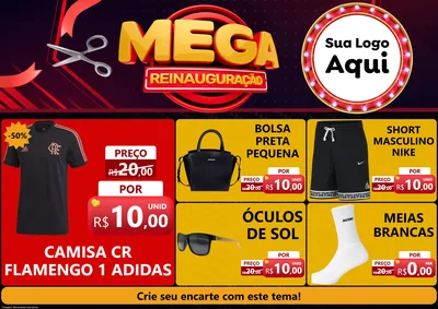 Modelo de Encarte para Encarte A4 Horizontal com o tema Mega Reinauguração para Roupas e acessórios