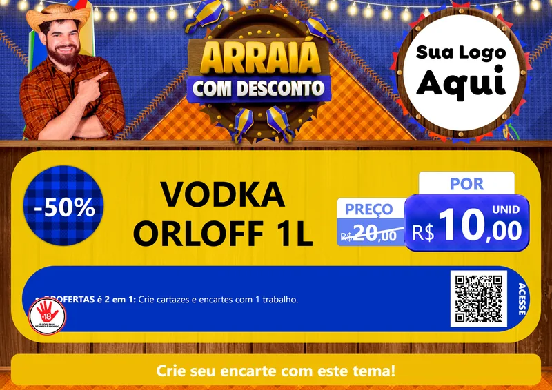 Modelo de Cartaz para Cartaz A4 Horizontal com o tema Arraiá Com Desconto para Distribuidora de bebidas