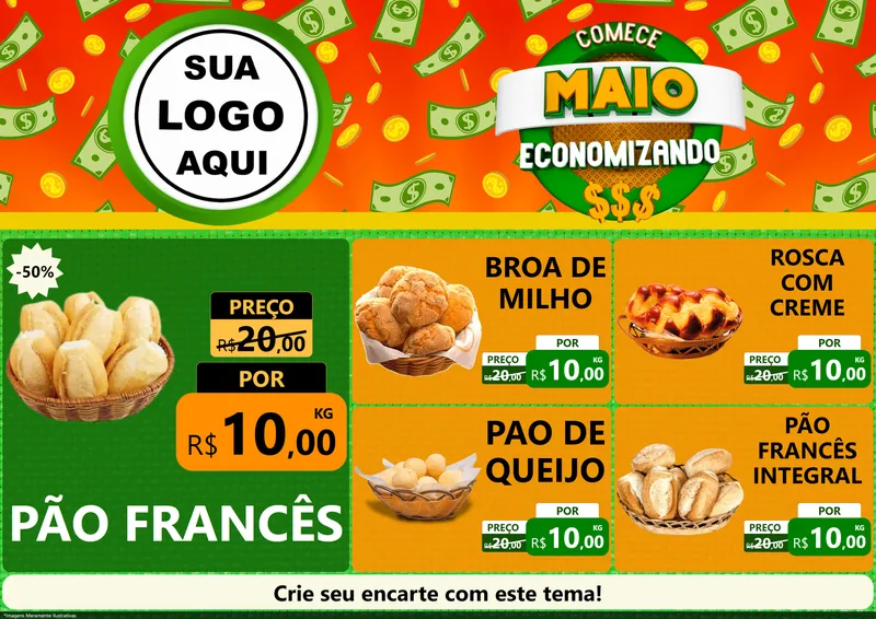 Modelo de Encarte para Encarte A4 Horizontal com o tema Comece Maio Economizando para Padaria