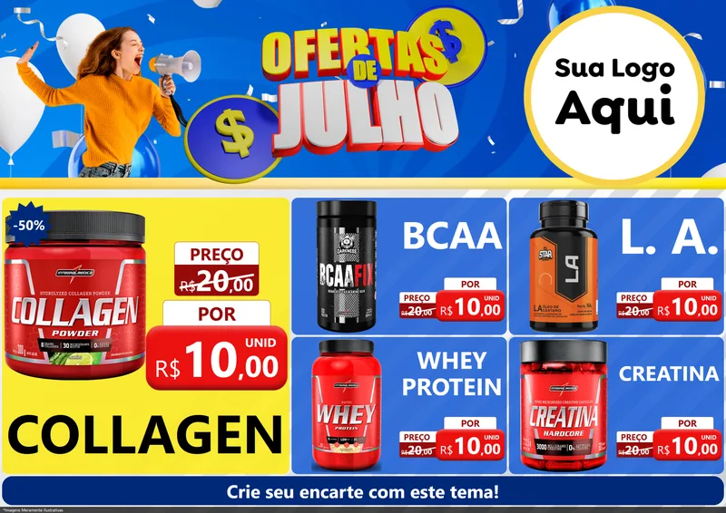 Modelo de Encarte para Encarte A4 Horizontal com o tema Ofertas de Julho para Suplementos alimentares