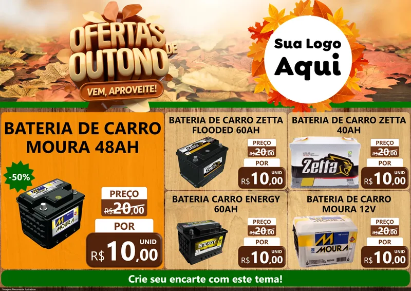 Modelo de Encarte para Encarte A4 Horizontal com o tema Ofertas de Outono - Vem, Aproveite! para Baterias Elétricas