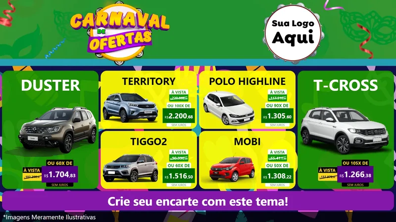 Modelo de TV para TV Horizontal com o tema Carnaval de Ofertas para Concessionaria de Carros